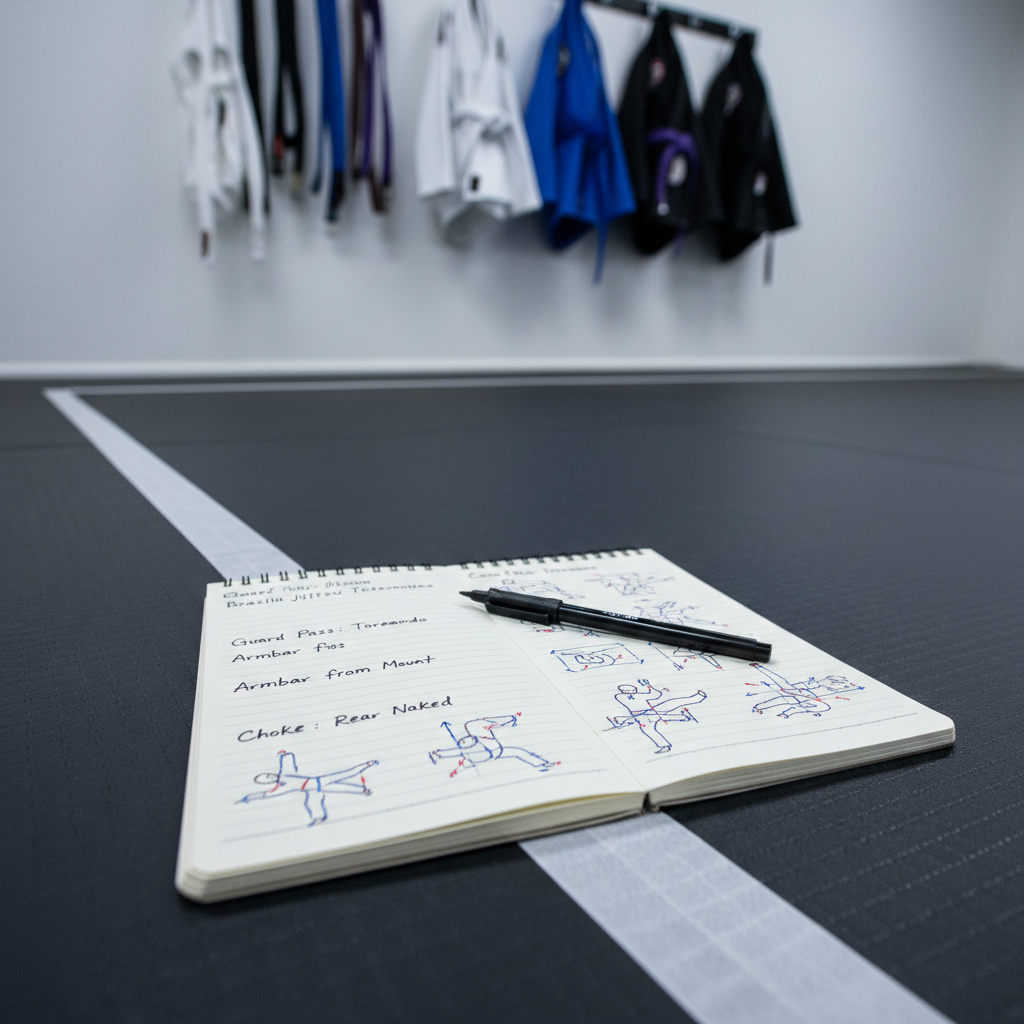 An open spiral notebook with neatly written jiu-jitsu techniques and small, precise hand-drawn diagrams rests on the edge of a charcoal-colored mat, a fine-tip pen placed diagonally across the page. The mat’s subtle texture and taped seams frame the notebook, while in the softly blurred background, a row of hanging gis and belts in various colors lines a clean white wall. Cool, diffused overhead lighting gives the scene an even, studio-like clarity, highlighting the ink lines and paper grain. Shot from a slightly elevated, three-quarter angle with moderate depth of field, the composition feels studious and organized, suggesting thoughtful note-taking after class. The mood is focused and professional, emphasizing learning and technical understanding in Brazilian jiu-jitsu.