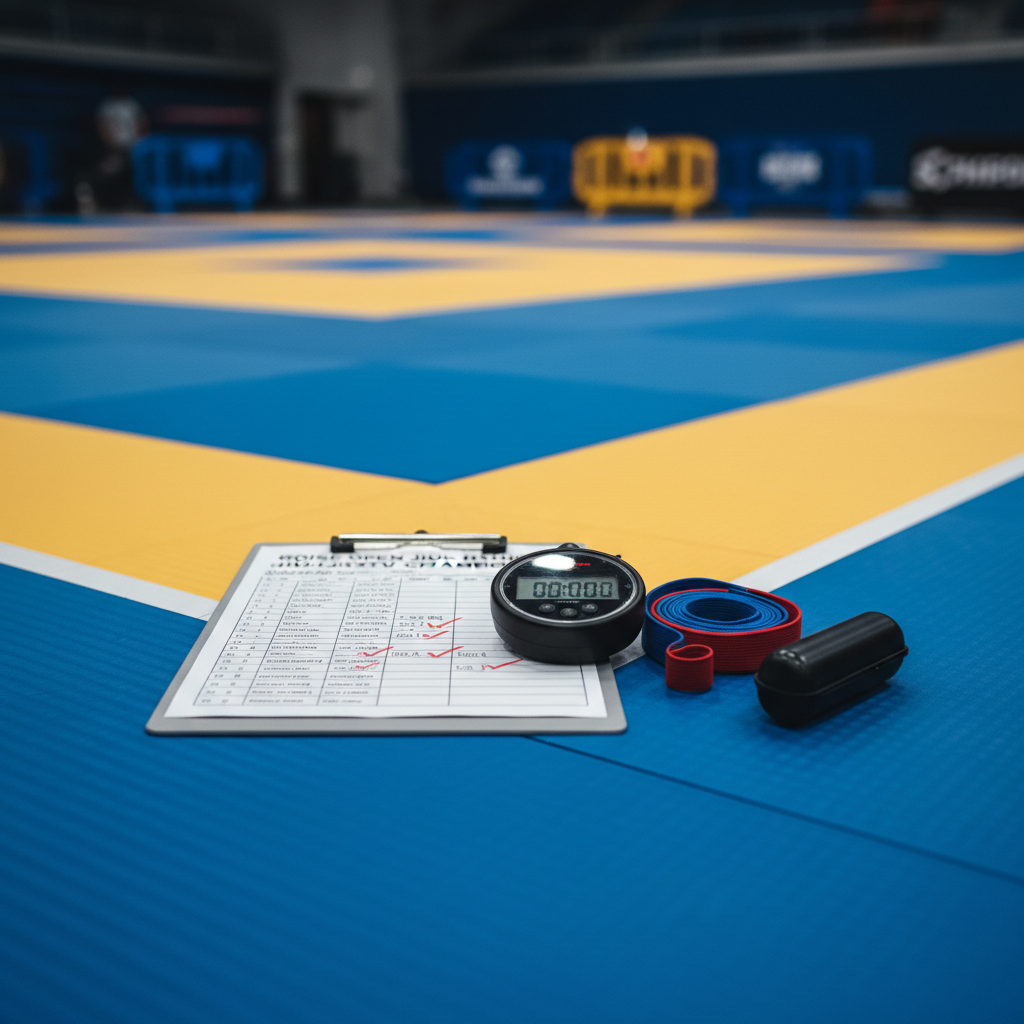 A meticulously arranged competition corner setup on the edge of a jiu-jitsu mat: a sleek digital stopwatch, a printed bracket sheet on a clipboard marked with Boise event details, a blue and red ankle band pair, and a neatly rolled mouthguard case. The mat transitions from blue to yellow at the boundary line, its textured surface and taped edges rendered in sharp photographic realism. Overhead arena lights create bright, even illumination with subtle reflections on the plastic stopwatch screen and clip. The background is softly blurred, suggesting larger competition mats and boundary barriers without showing any people. Captured from a low, side angle, the composition feels tense yet orderly, evoking a professional tournament atmosphere for serious competitors.