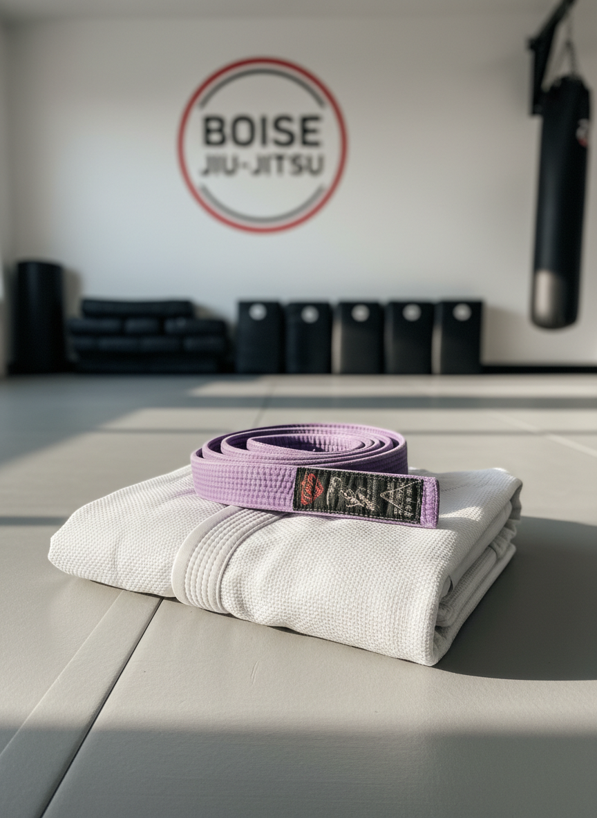 A crisp white Brazilian jiu-jitsu gi neatly folded on a smooth gray mat, the thick cotton weave and reinforced stitching clearly visible in photographic detail. A purple belt lies coiled on top, its faded fabric and worn tag suggesting years of training. In the background, slightly out of focus, a clean academy wall with a simple “Boise Jiu-Jitsu” logo and a row of neatly stacked training pads. Soft morning light filters through unseen windows, creating gentle highlights on the gi’s textured fabric and subtle shadows along the mat seams. Shot at eye level with a shallow depth of field, the composition feels professional, calm, and focused, embodying disciplined practice in a modern, minimalist martial arts academy.
